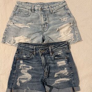 American Eagle Outfitters Women's Ripped Jean Shorts - Light Blue and Dark Blue